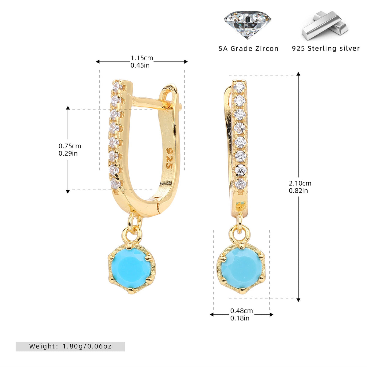 Boucles d'oreilles pendantes en argent sterling 925 avec zircon