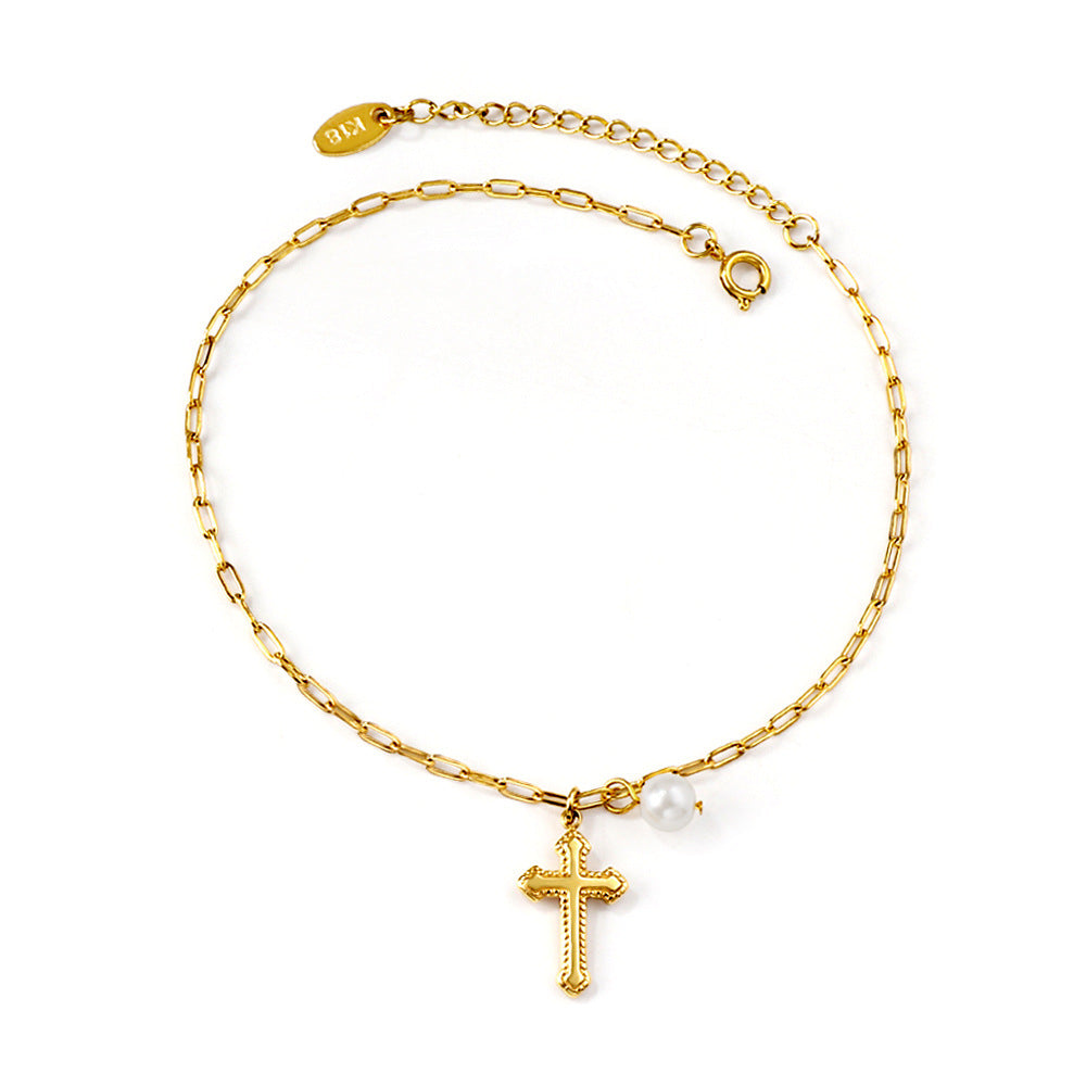 Bracelet pour femme avec pendentif croix et perle