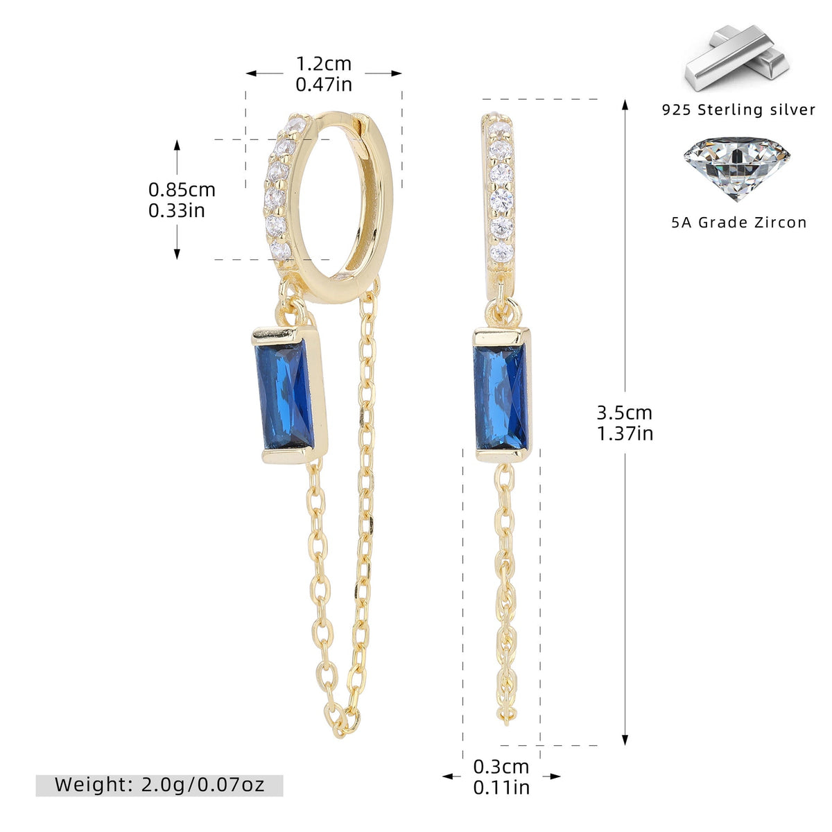 Boucles d'oreilles pendantes pour femme avec zircons bleus et chaînes