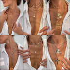 Collier multi-rangs pour femme avec pendentif croix et perles