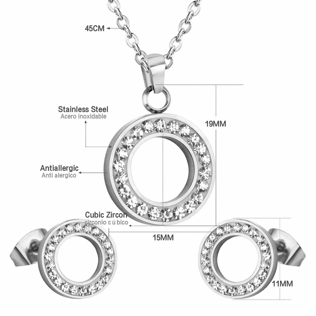 Parure de bijoux pour femme avec pendentif et boucles d'oreilles en zircon