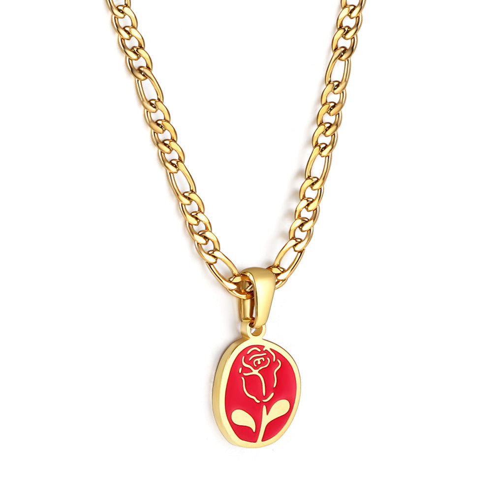 Collier pour femme avec pendentif rose et chaîne en acier inoxydable plaqué or