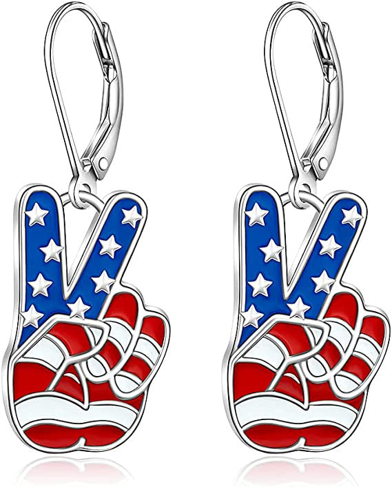 Boucles d'oreilles pendantes patriotiques signe de paix en émail avec fermoir à levier