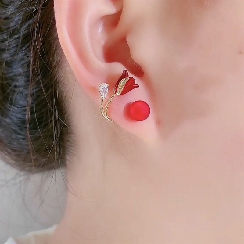 Boucles d'oreilles fleur rouge style coréen en zircon
