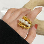 Bague large plaquée or 18k avec perles