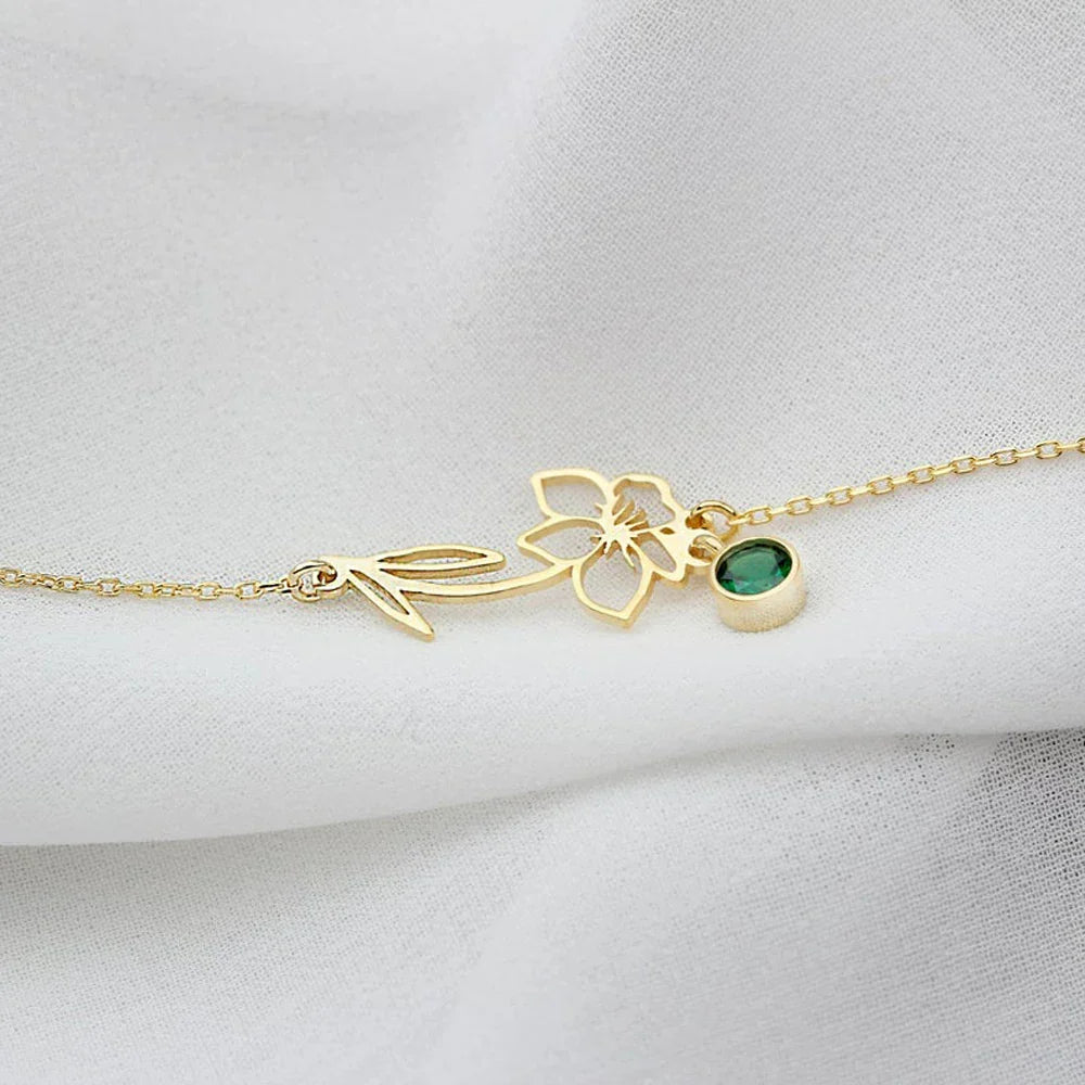 Bracelet chaîne fleur de naissance et pierre de naissance