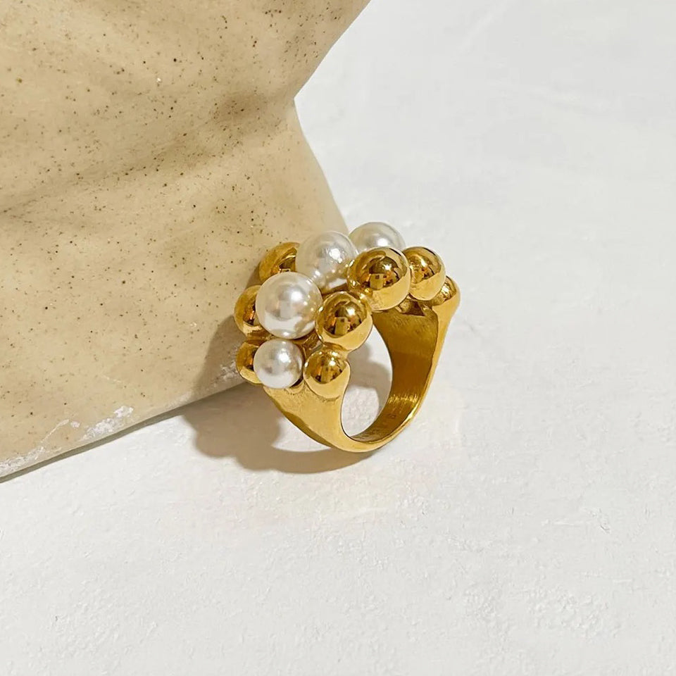 Bague large plaquée or 18k avec perles