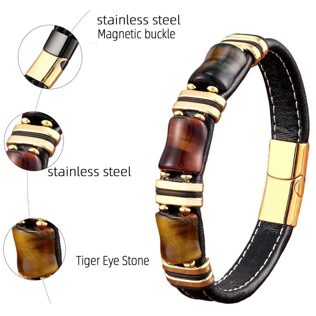 Bracelet homme en cuir et perles œil de tigre