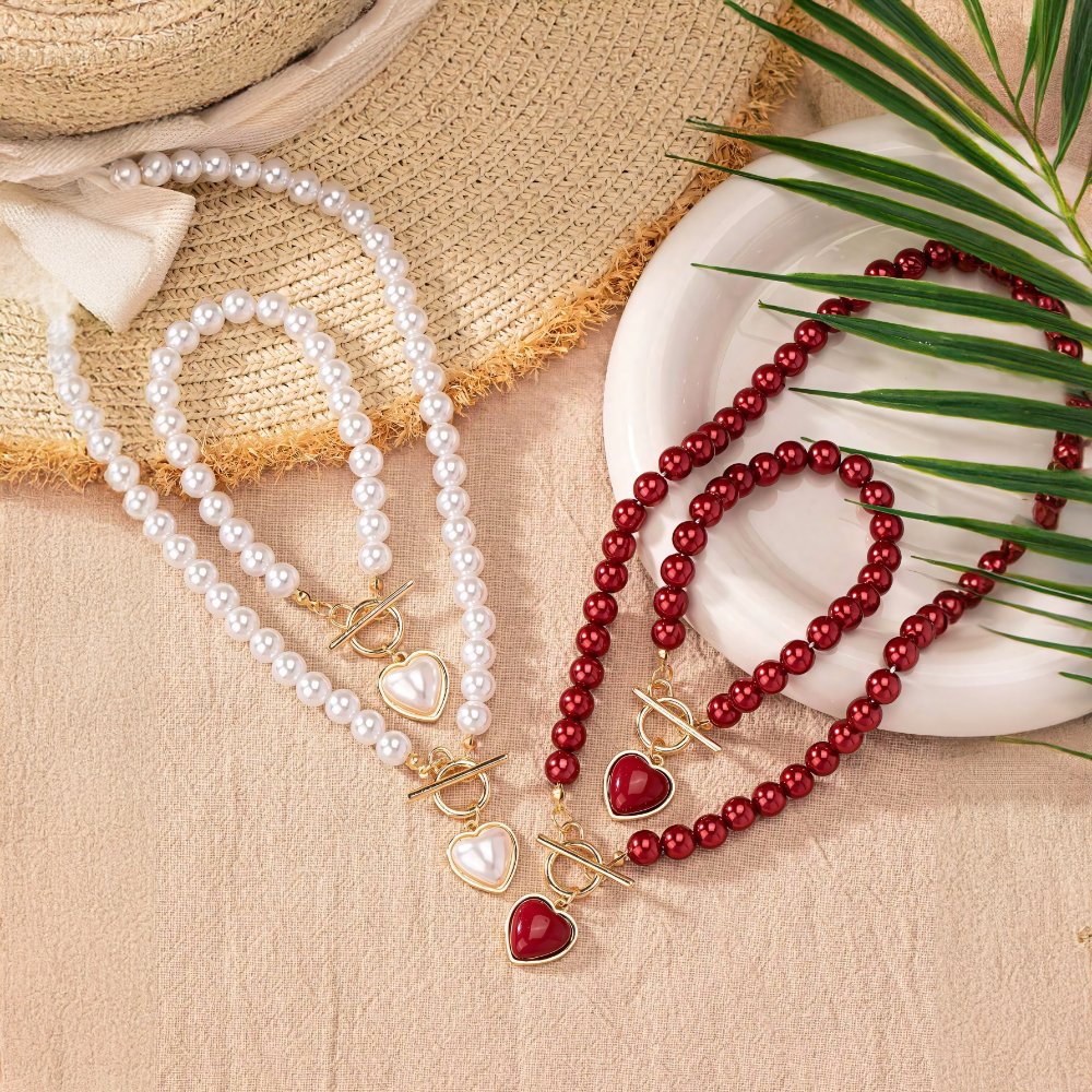 Parure 2 pièces collier et bracelet perles cœur