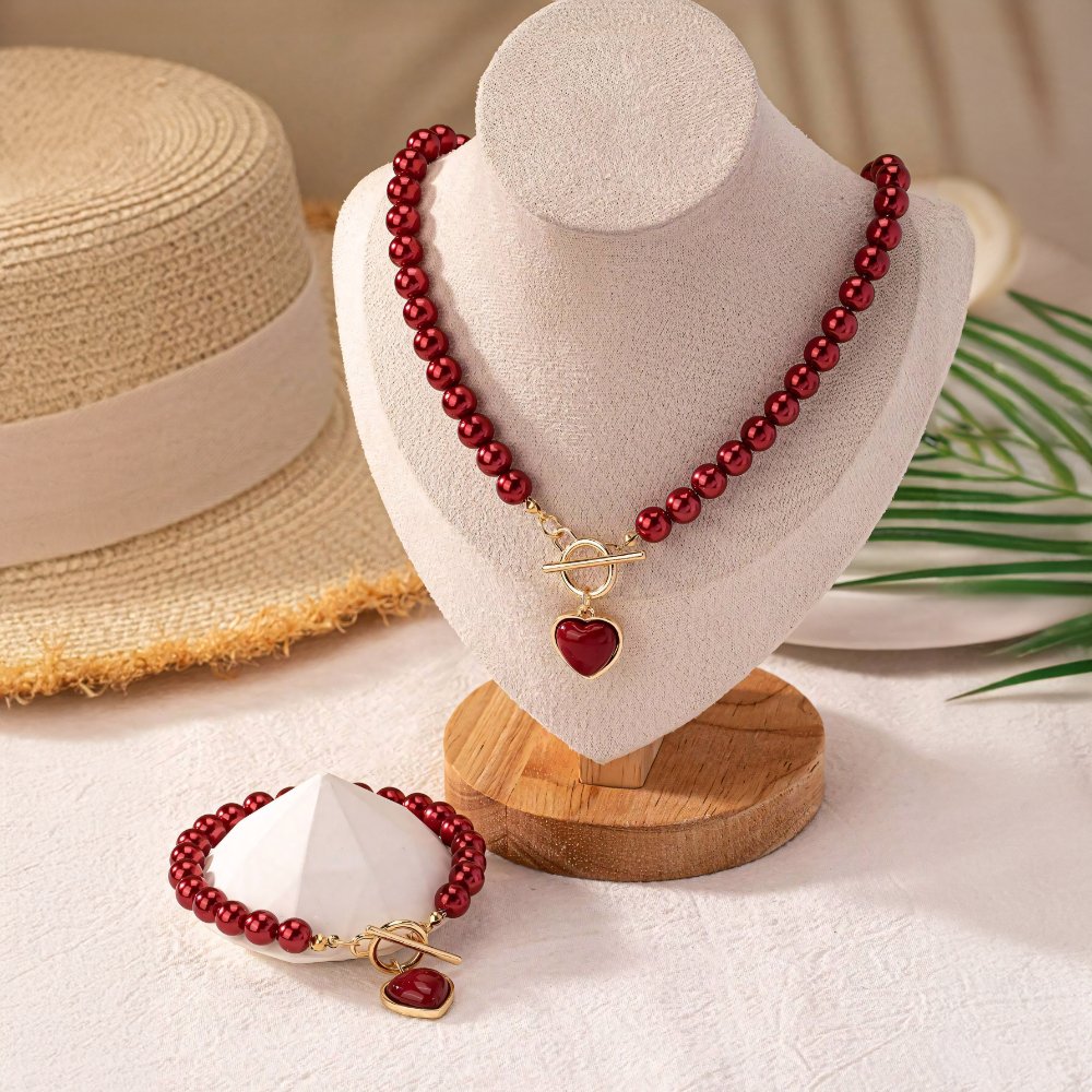 Parure 2 pièces collier et bracelet perles cœur