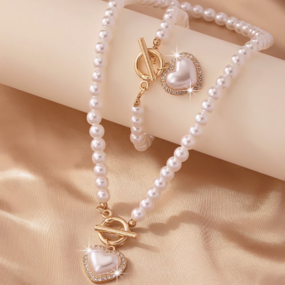Parure 2 pièces collier et bracelet perles cœur