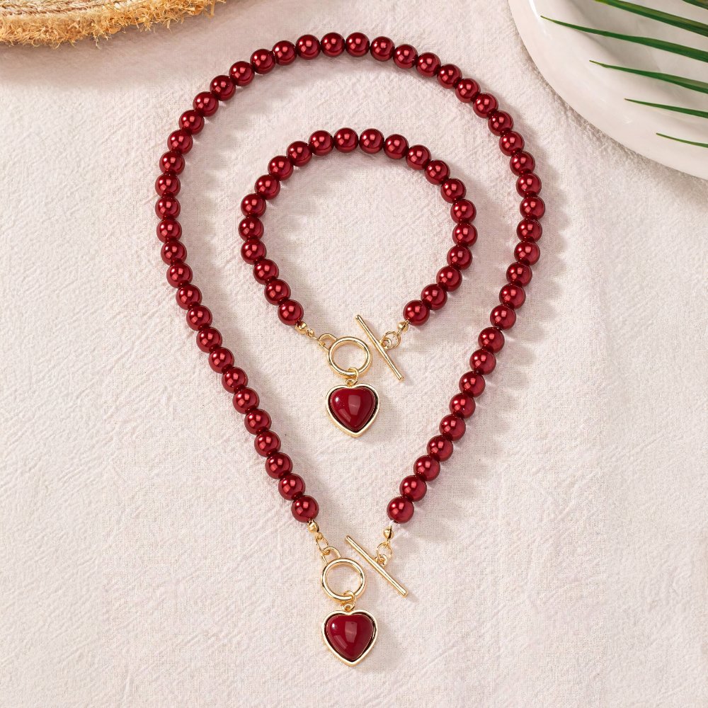 Parure 2 pièces collier et bracelet perles cœur