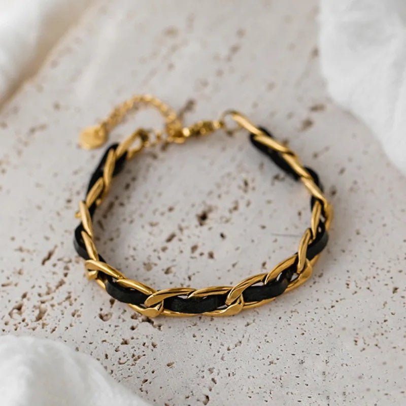 Bracelet en cuir tressé, chaîne dorée et noire
