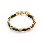 Bracelet en cuir tressé, chaîne dorée et noire