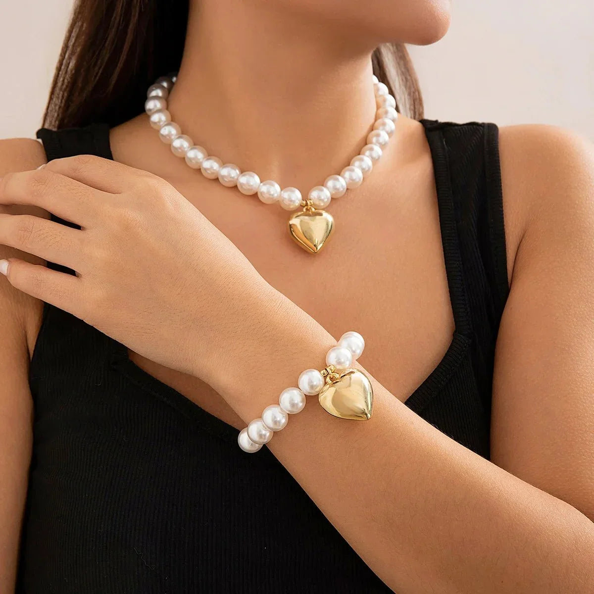 Ensemble collier et bracelet avec pendentif cœur