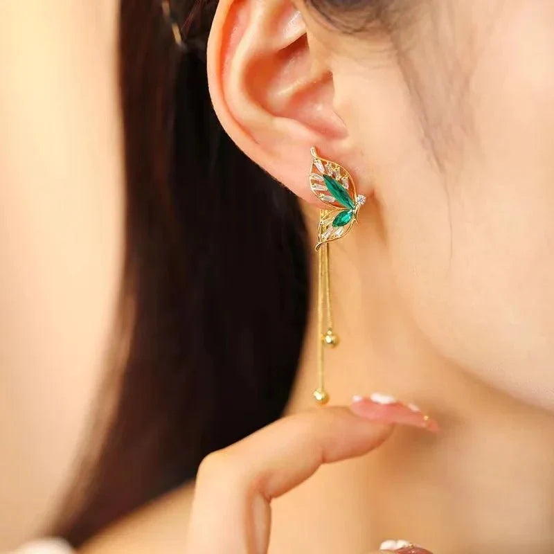 Boucles d'oreilles Pendantes Papillon Émeraude Délicates