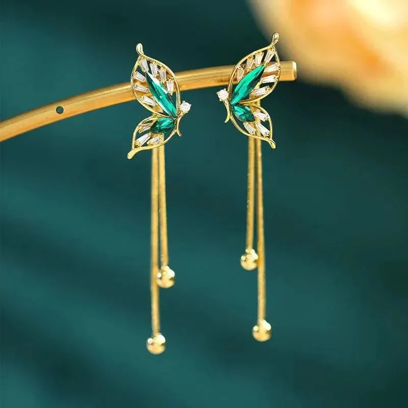 Boucles d'oreilles Pendantes Papillon Émeraude Délicates