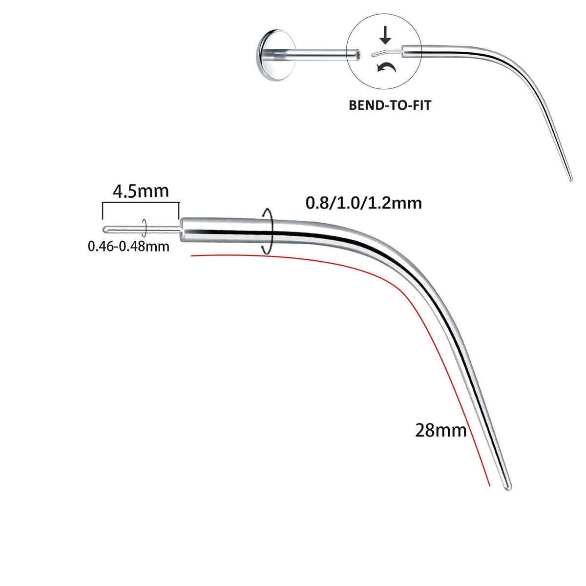 Barre de piercing en titane, base plate, filetage interne