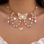 Collier ras-du-cou multicouche papillon et cœur