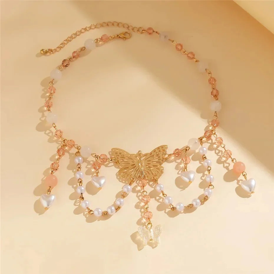 Collier ras-du-cou multicouche papillon et cœur