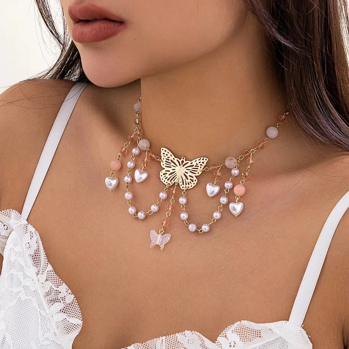 Collier ras-du-cou multicouche papillon et cœur