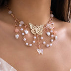 Collier ras-du-cou multicouche papillon et cœur