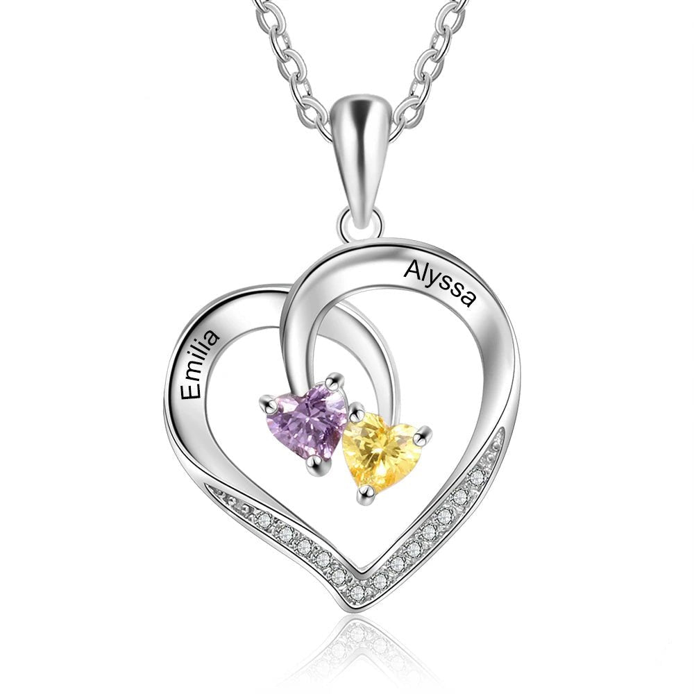 Collier pendentif cœur personnalisé deux prénoms et pierre de naissance