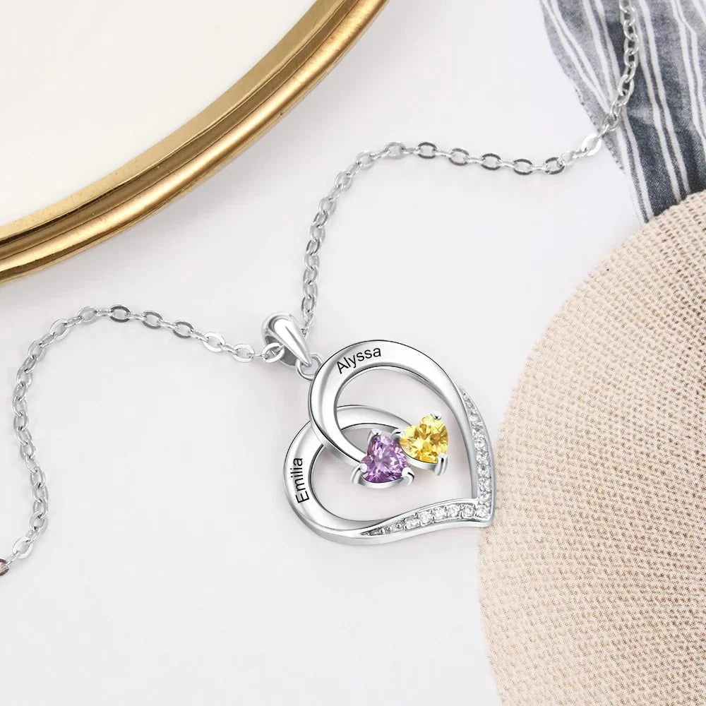 Collier pendentif cœur personnalisé deux prénoms et pierre de naissance