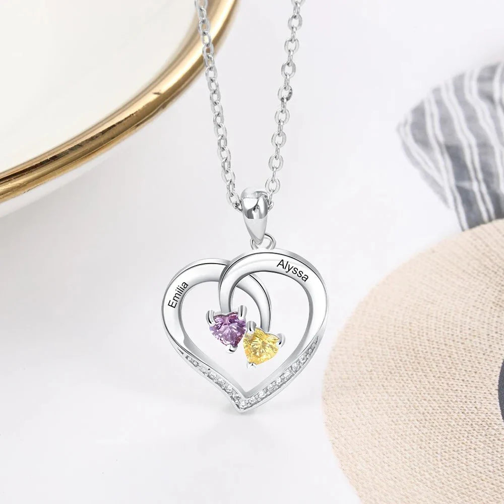 Collier pendentif cœur personnalisé deux prénoms et pierre de naissance